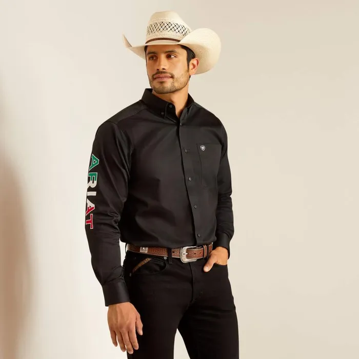 Men Team Logo Twill Fitted Shirt Blackmexico Ariat Button Down Shirts