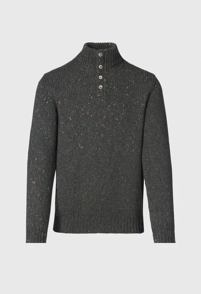 Men Wool and Cashmere Donegal Button Mock Neck Dark Olive Paul Stuart Sweaters