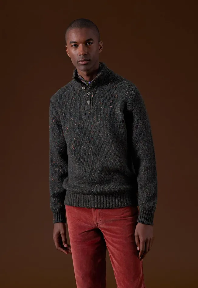 Men Wool and Cashmere Donegal Button Mock Neck Dark Olive Paul Stuart Sweaters Men Wool and Cashmere Donegal Button Mock Neck Dark Olive Paul Stuart Sweaters