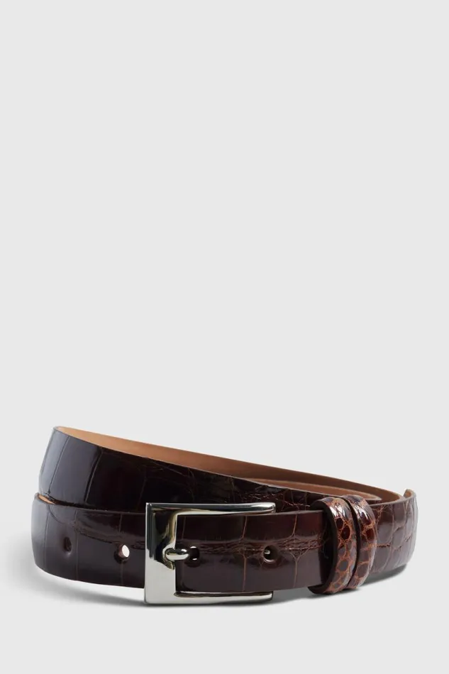 Mens Paul Stuart Belts Alligator Belt With Silver Buckle Cognac