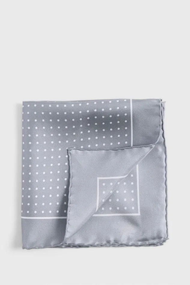 Mens Paul Stuart Formal Shop Silk Twill Dot Print Pocket Square Silverwhite