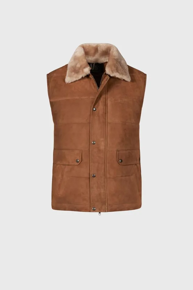 Mens Paul Stuart Outerwear Quilted Shearling Vest Tan