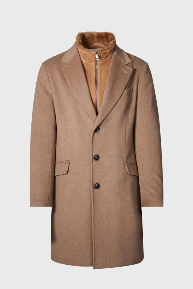 Mens Paul Stuart Outerwear Wool Coat With Shearling Gilet Camel