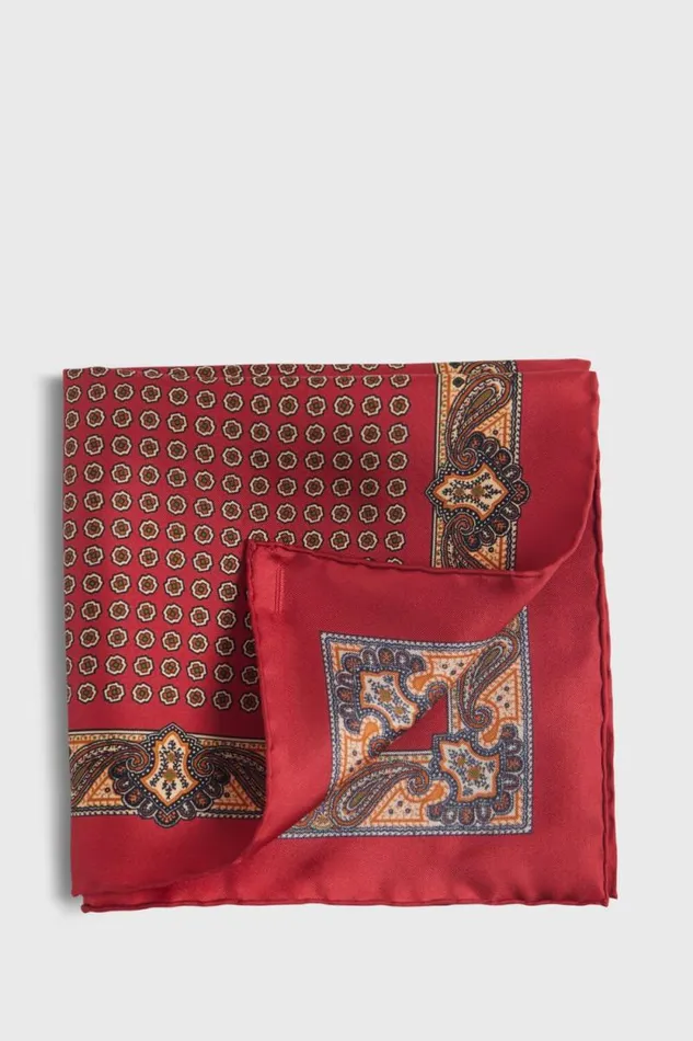 Mens Paul Stuart Pocket Squares Printed Silk Medallion And Paisley Pocket Square Red