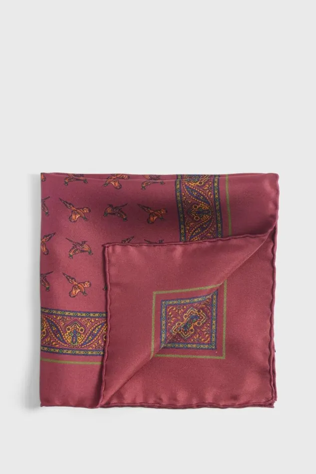 Mens Paul Stuart Pocket Squares Silk Deco Stripe And Bird Print Pocket Square Burgundy
