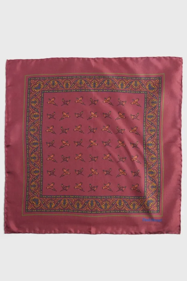 Mens Paul Stuart Pocket Squares Silk Deco Stripe And Bird Print Pocket Square Burgundy Mens Paul Stuart Pocket Squares Silk Deco Stripe And Bird Print Pocket Square Burgundy