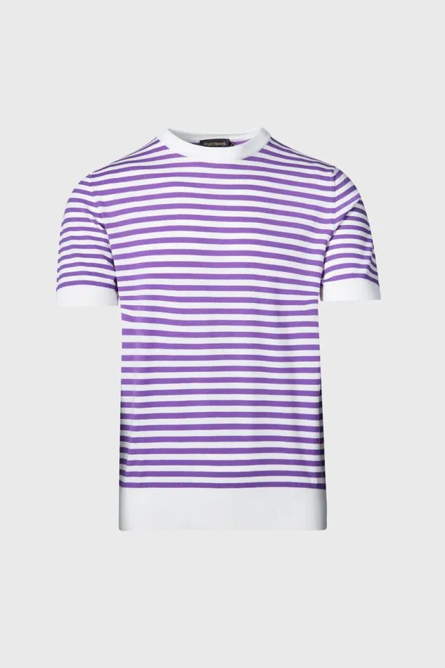 Mens Paul Stuart Polos and TShirts Stripe Knit Short Sleeve Crewneck Purplewhite