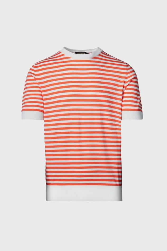 Mens Paul Stuart Polos and TShirts Stripe Knit Short Sleeve Crewneck Redwhite
