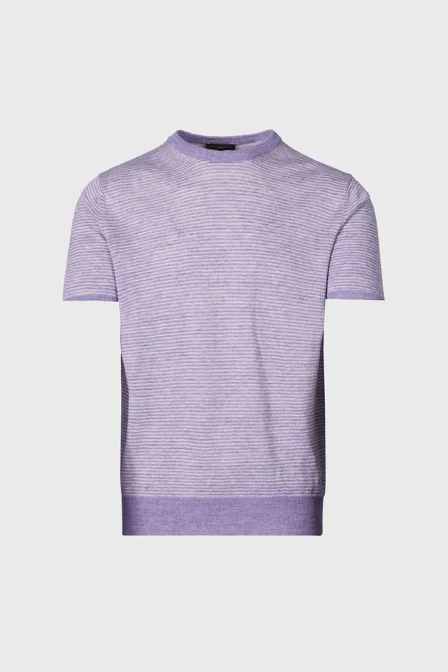 Mens Paul Stuart Polos and TShirts Striped Short Sleeve Linen Crewneck Lavender