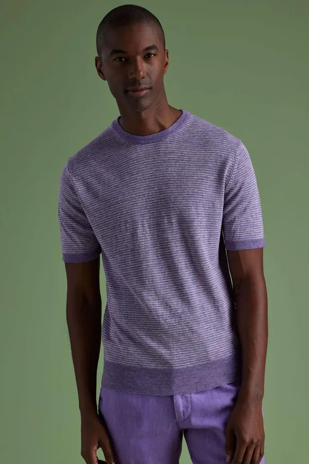 Mens Paul Stuart Polos and TShirts Striped Short Sleeve Linen Crewneck Lavender Mens Paul Stuart Polos and TShirts Striped Short Sleeve Linen Crewneck Lavender
