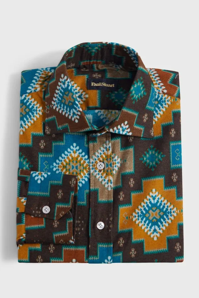 Mens Paul Stuart Sport Shirts Cotton Ethnic Print Sport Shirt Brown