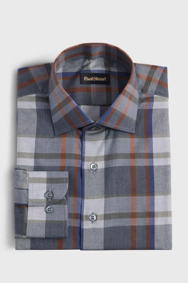 Mens Paul Stuart Sport Shirts Cotton Flannel Plaid Sport Shirt Light Greydark Grey