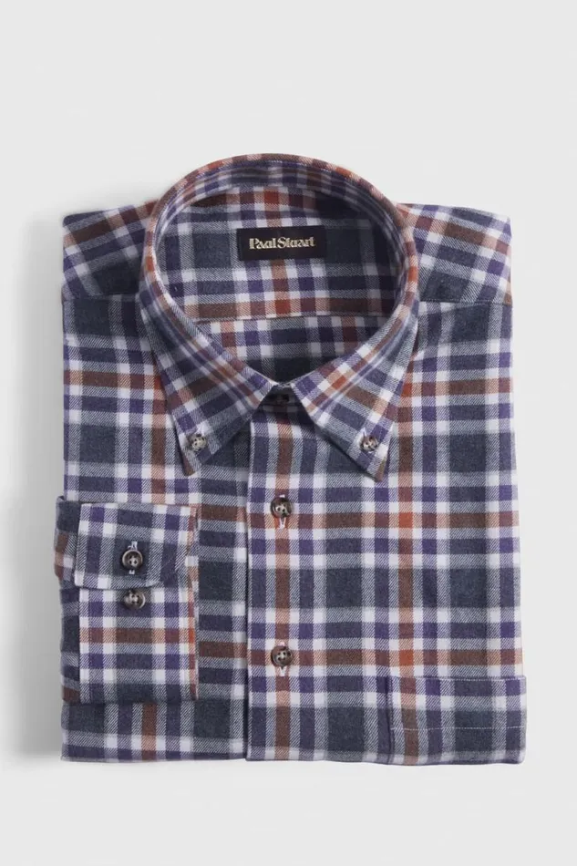 Mens Paul Stuart Sport Shirts Flannel Plaid Sport Shirt Orangepurple