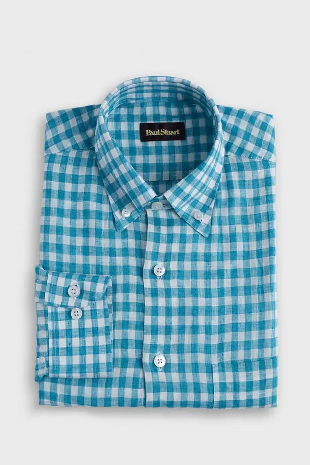 Mens Paul Stuart Sport Shirts Linen Gingham Sport Shirt Seafoam