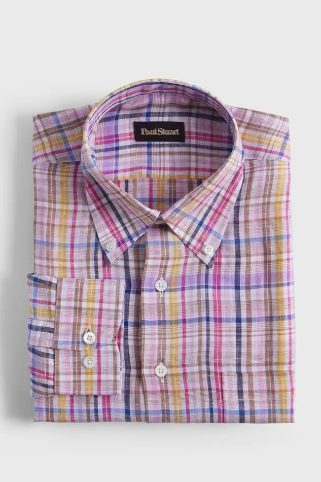 Mens Paul Stuart Sport Shirts Linen Multicolor Plaid Sport Shirt Pinkpurple