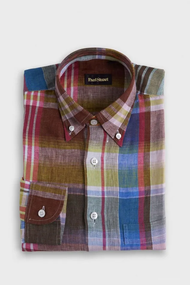 Mens Paul Stuart Sport Shirts Linen Plaid Sport Shirt Browngreen