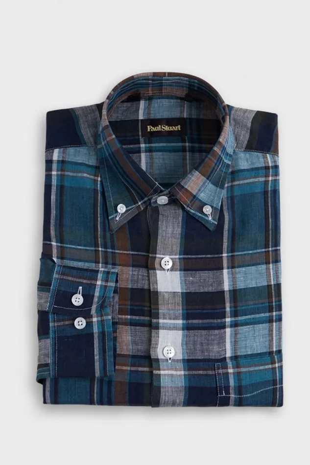Mens Paul Stuart Sport Shirts Linen Plaid Sport Shirt Teal