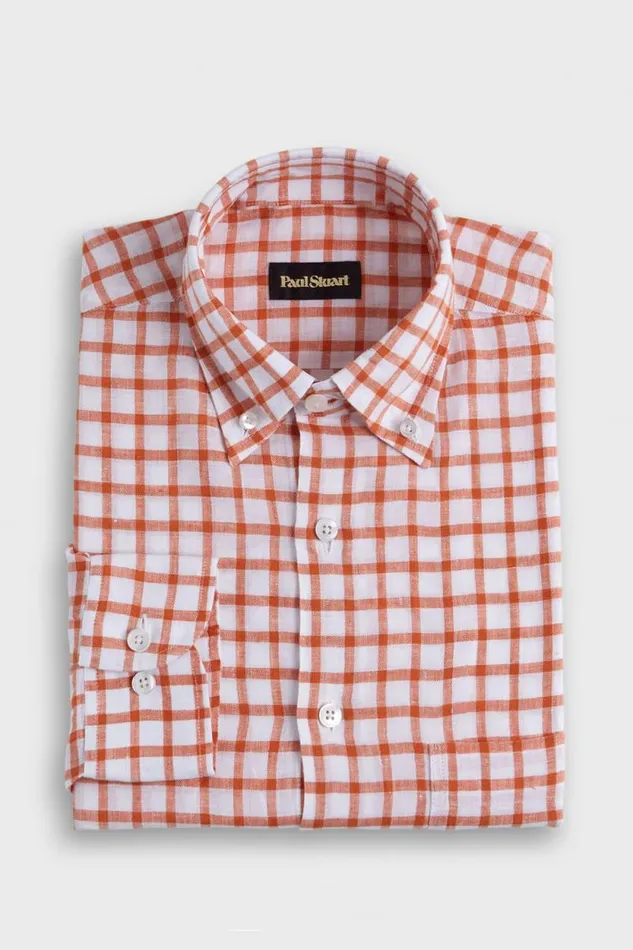 Mens Paul Stuart Sport Shirts Linen Windowpane Sport Shirt Orangewhite
