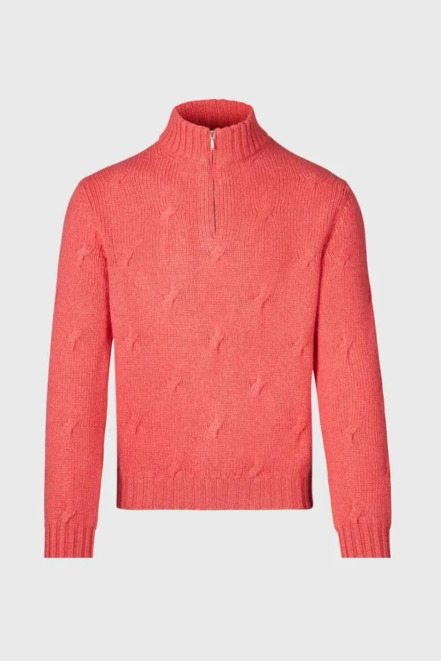 Mens Paul Stuart Sweaters Cable Cashmere Quarter Zip Sweater Cranberry