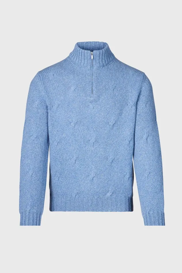 Mens Paul Stuart Sweaters Cable Cashmere Quarter Zip Sweater Light Blue