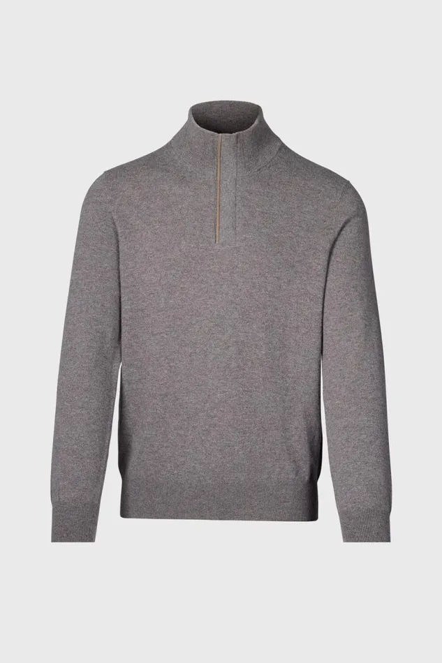 Mens Paul Stuart Sweaters Cashmere Quarter Zip With Suede Trim Grey