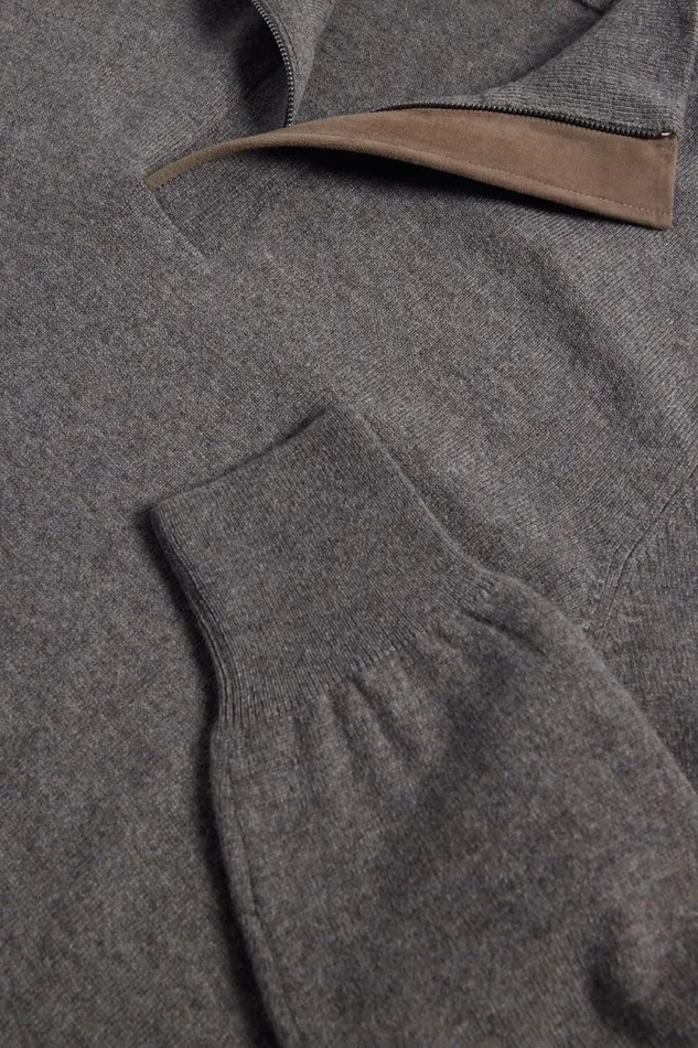 Mens Paul Stuart Sweaters Cashmere Quarter Zip With Suede Trim Grey Mens Paul Stuart Sweaters Cashmere Quarter Zip With Suede Trim Grey