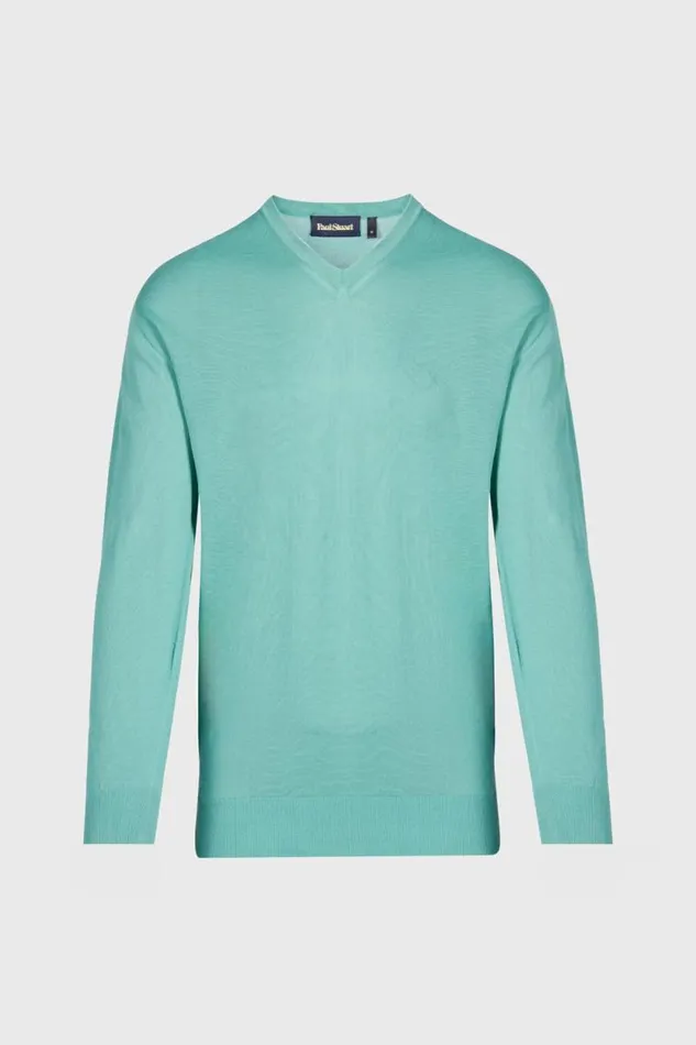 Mens Paul Stuart Sweaters Fine Gauge Cotton VNeck Sweater Sage