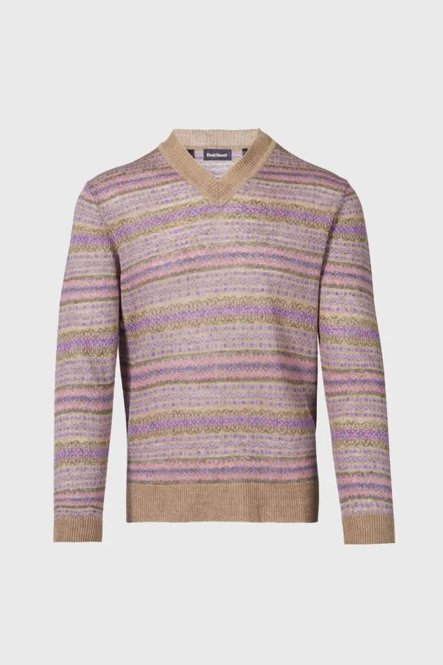 Mens Paul Stuart Sweaters Linen Fair Isle Vneck Sweater Natural