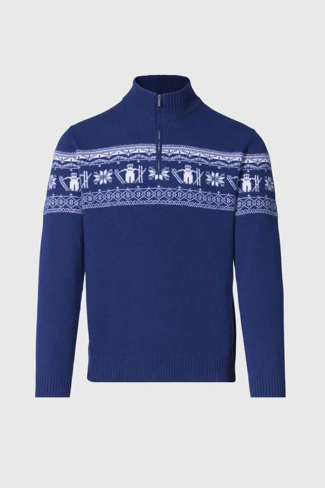 Mens Paul Stuart Sweaters Ski Motif Quarter Zip Sweater Navy