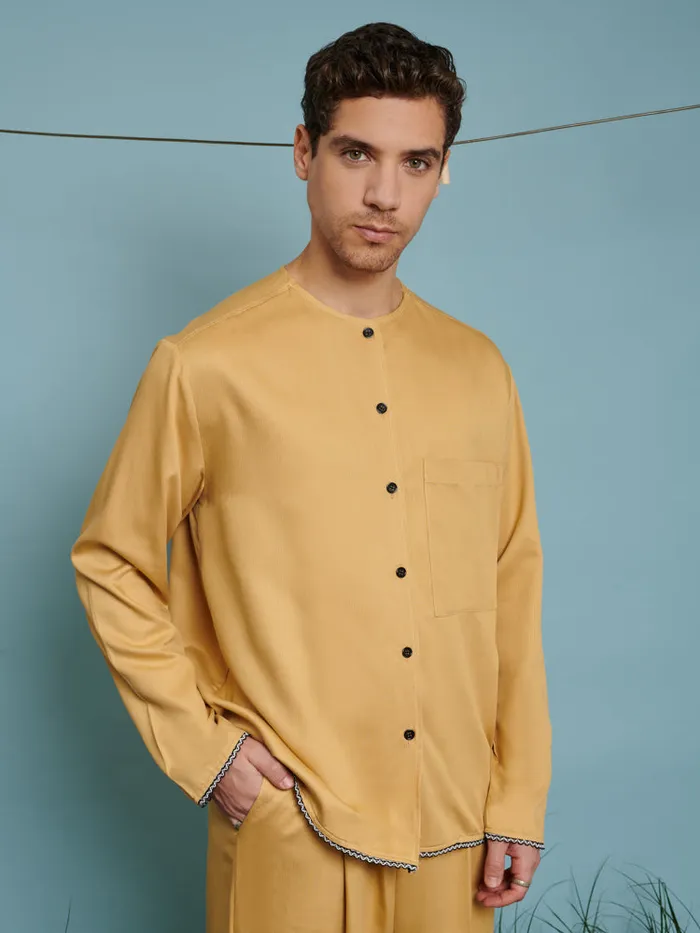 Menswear Shirts Sister Jane Marco Trim Detail Collarless Shirt Mustard Yellow
