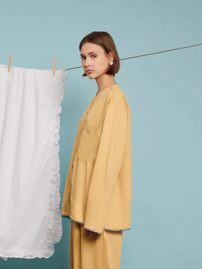 Menswear Shirts Sister Jane Marco Trim Detail Collarless Shirt Mustard Yellow Menswear Shirts Sister Jane Marco Trim Detail Collarless Shirt Mustard Yellow