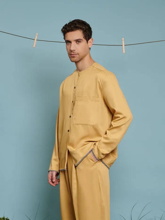 Menswear Shirts Sister Jane Marco Trim Detail Collarless Shirt Mustard Yellow Menswear Shirts Sister Jane Marco Trim Detail Collarless Shirt Mustard Yellow