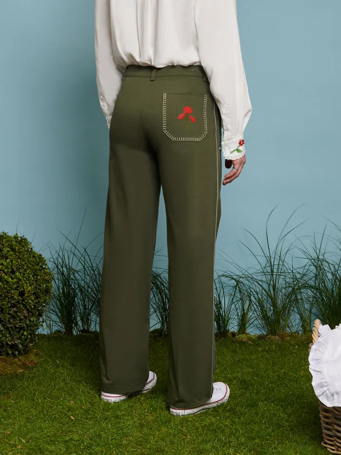 Menswear Trousers Sister Jane Gordon Embroidered Trousers Khaki Green