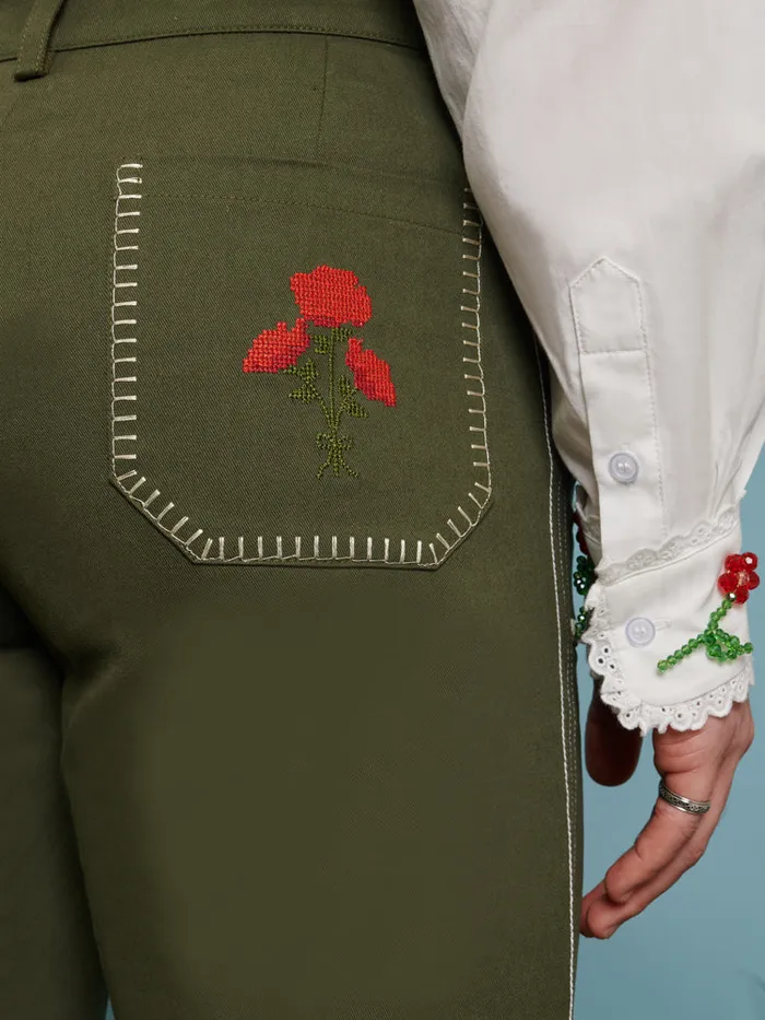 Menswear Trousers Sister Jane Gordon Embroidered Trousers Khaki Green