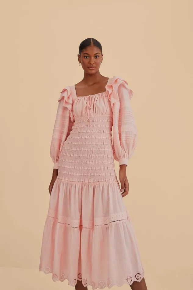 Midi Dresses Women FARM Rio Light Pink Long Sleeve Smocked Midi Dress