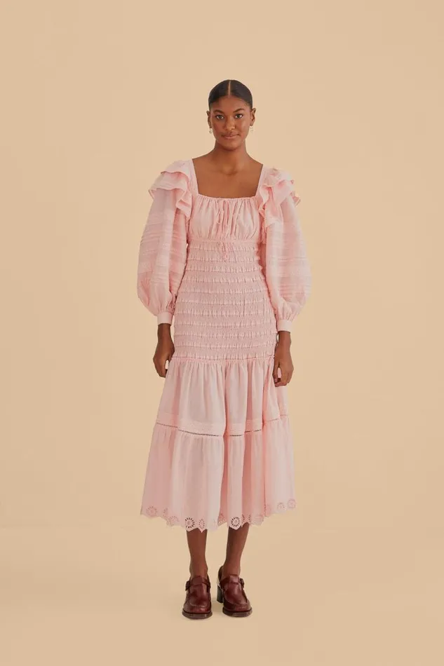 Midi Dresses Women FARM Rio Light Pink Long Sleeve Smocked Midi Dress Midi Dresses Women FARM Rio Light Pink Long Sleeve Smocked Midi Dress