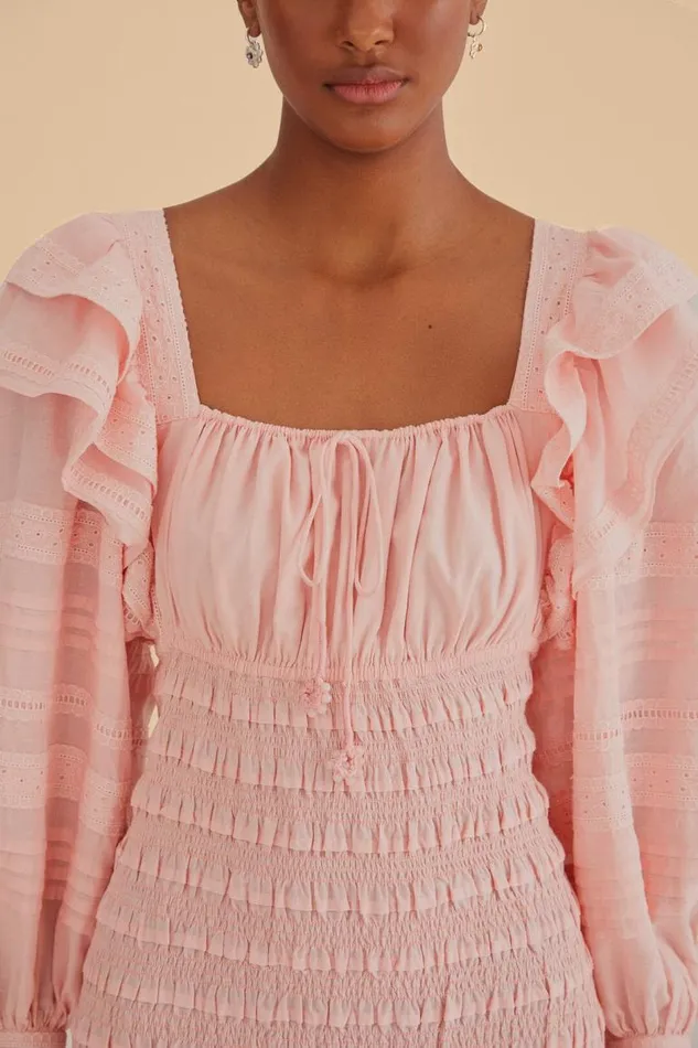 Midi Dresses Women FARM Rio Light Pink Long Sleeve Smocked Midi Dress Midi Dresses Women FARM Rio Light Pink Long Sleeve Smocked Midi Dress