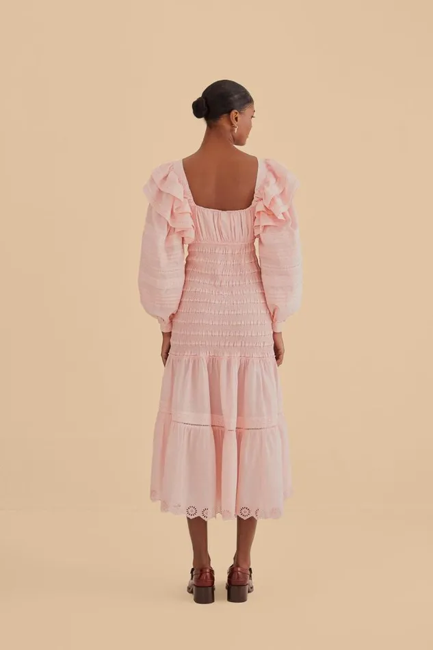Midi Dresses Women FARM Rio Light Pink Long Sleeve Smocked Midi Dress Midi Dresses Women FARM Rio Light Pink Long Sleeve Smocked Midi Dress