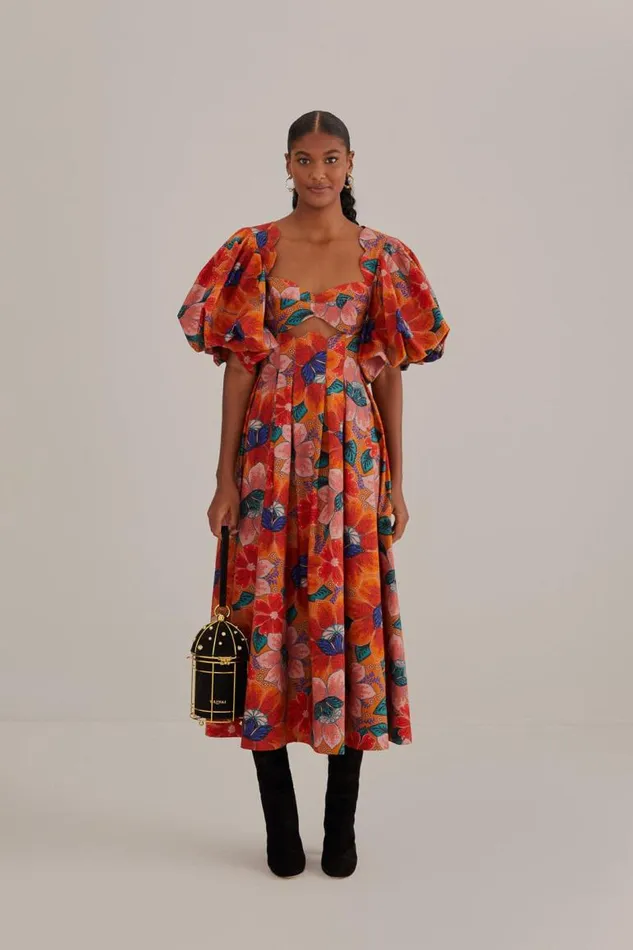 Midi Dresses Women FARM Rio Orange Marias Floral CutOut Midi Dress