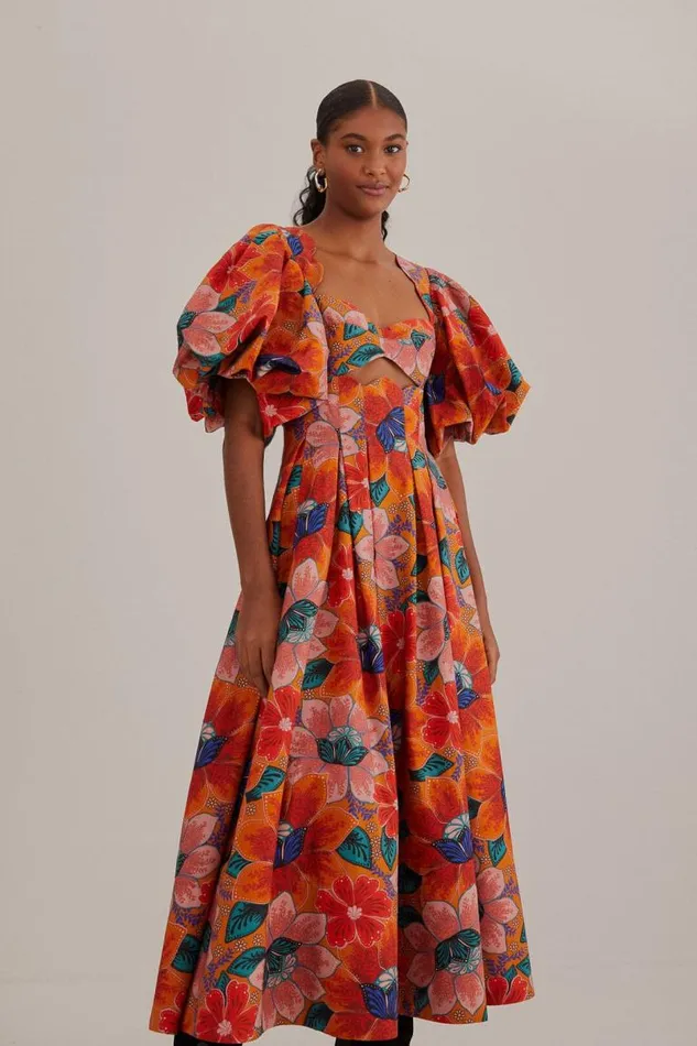 Midi Dresses Women FARM Rio Orange Marias Floral CutOut Midi Dress Midi Dresses Women FARM Rio Orange Marias Floral CutOut Midi Dress