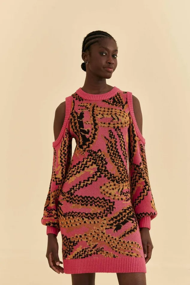 Midi Dresses Women FARM Rio Pink Croco Sweater Dress