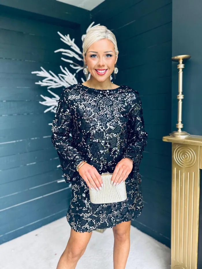Mila Bow Detail Sequin Mini Dress Black and Gold Womens Canella Lane Mini