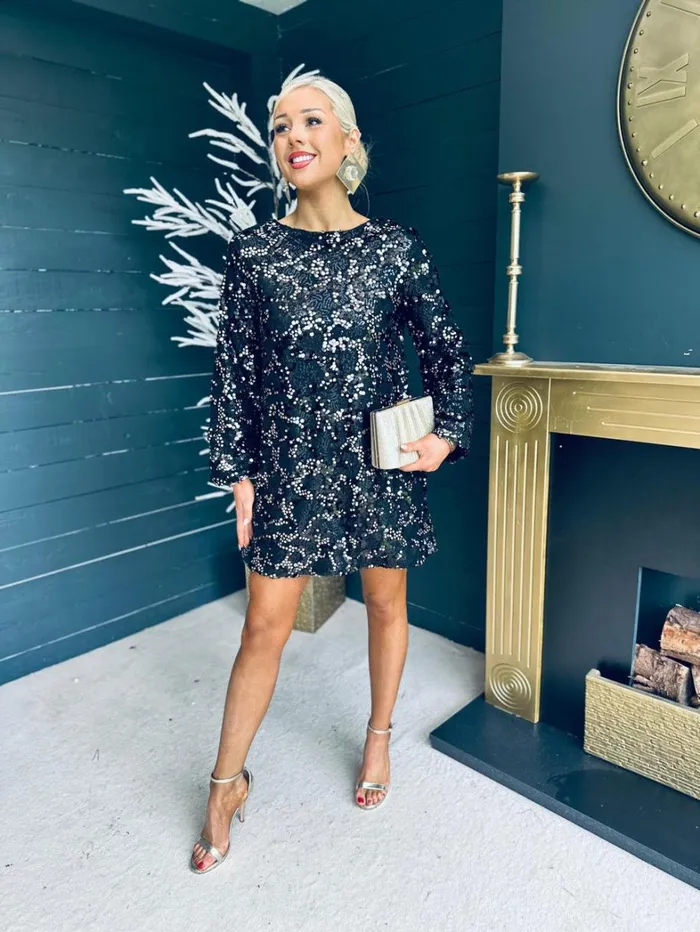 Mila Bow Detail Sequin Mini Dress Black and Gold Womens Canella Lane Mini