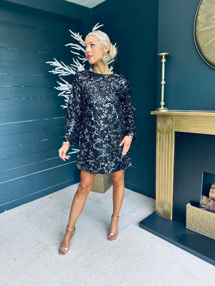 Mila Bow Detail Sequin Mini Dress Black and Gold Womens Canella Lane Mini