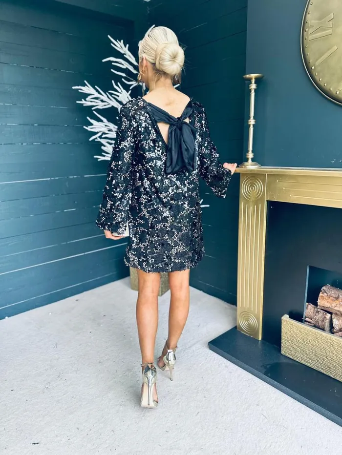 Mila Bow Detail Sequin Mini Dress Black and Gold Womens Canella Lane Mini