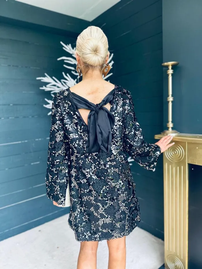 Mila Bow Detail Sequin Mini Dress Black and Gold Womens Canella Lane Mini