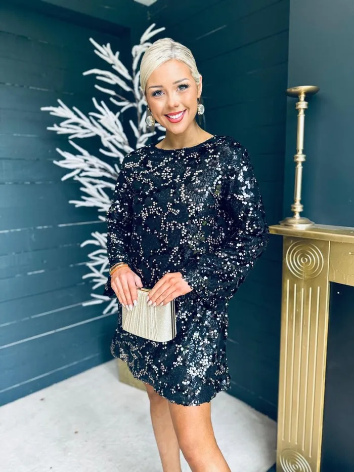 Mila Bow Detail Sequin Mini Dress Black and Gold Womens Canella Lane Mini