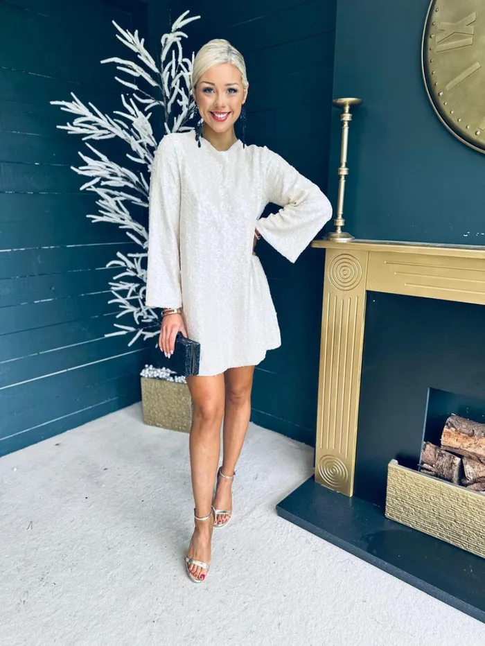 Mila Bow Detail Sequin Mini Dress Cream Womens Canella Lane Mini