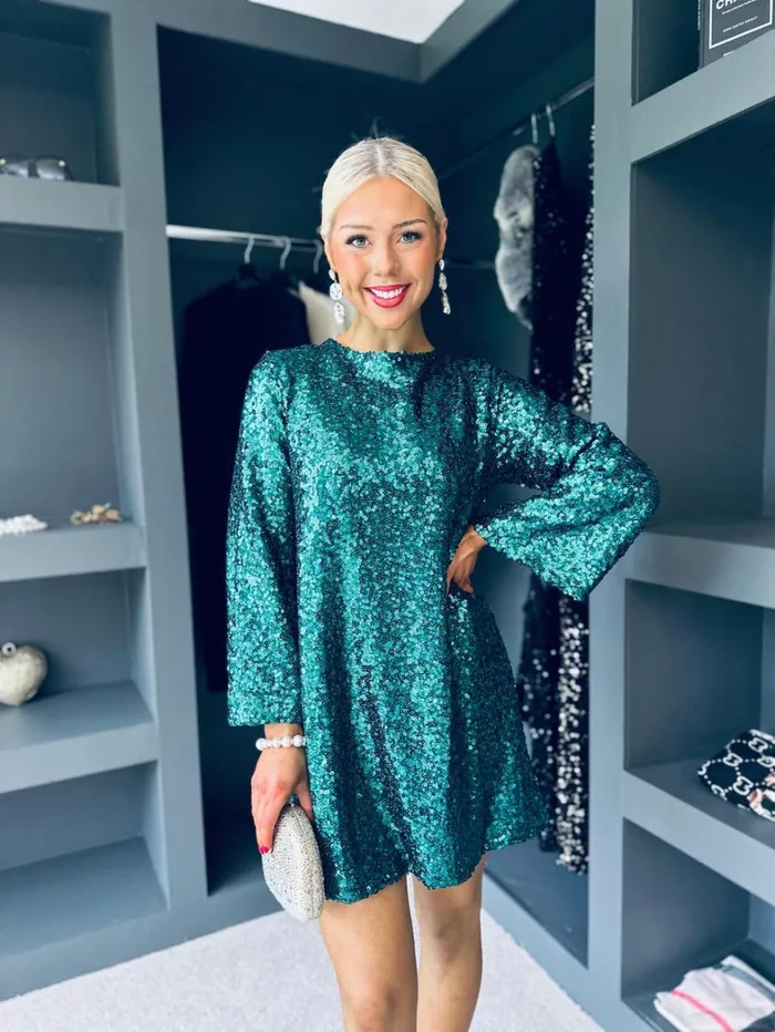 Mila Bow Detail Sequin Mini Dress Green Womens Canella Lane Evening Dress
