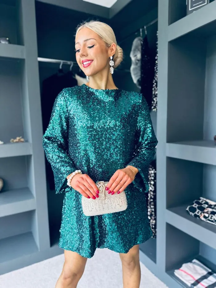 Mila Bow Detail Sequin Mini Dress Green Womens Canella Lane Evening Dress